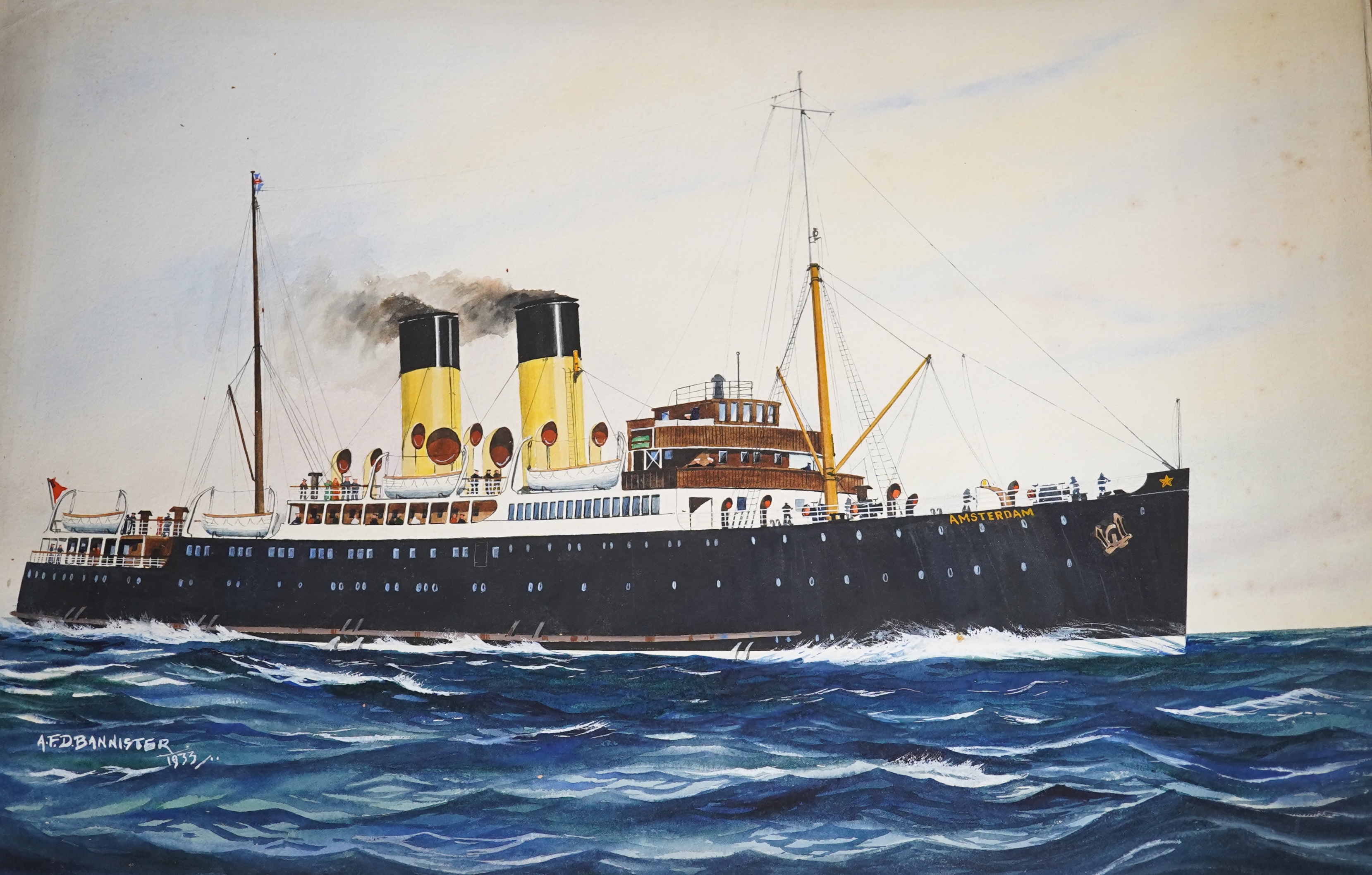 A F D Bannister, five original gouaches on card for postcards, Cross Channel Ferry Steamers, T.S Amsterdam, T.S Brighton, T.S Isle of Jersey, T.S Isle of Sark, each signed, some dated 1933, 31 x 45cm, unframed. Condition